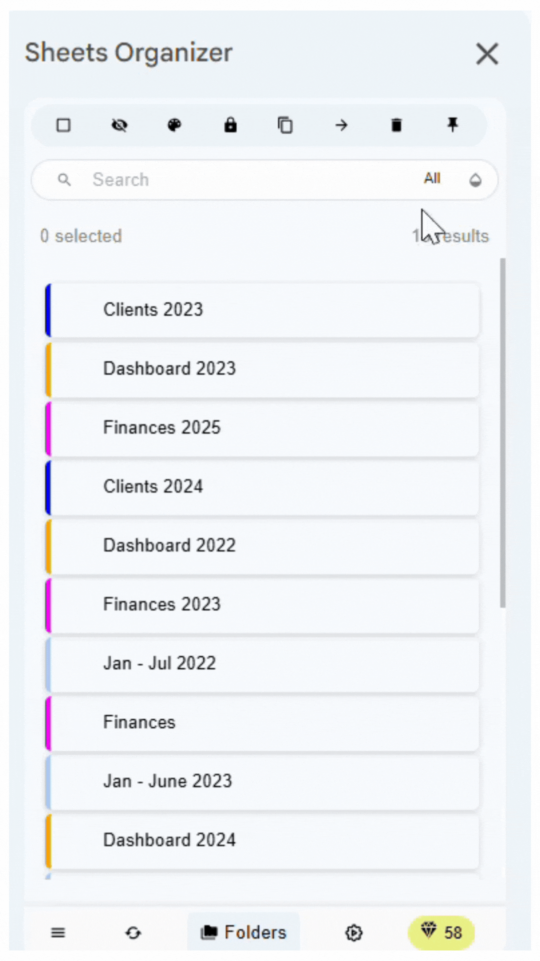 Search sheets by name and color